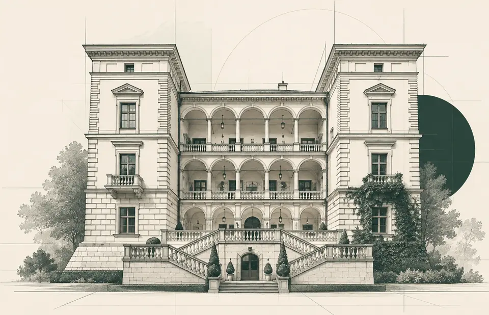 Ilustracja Willi Decjusza w Krakowie, siedziby AGAT GROUP — renesansowa fasada z arkadowymi loggiami między dwiema wieżami i reprezentacyjnymi schodami.